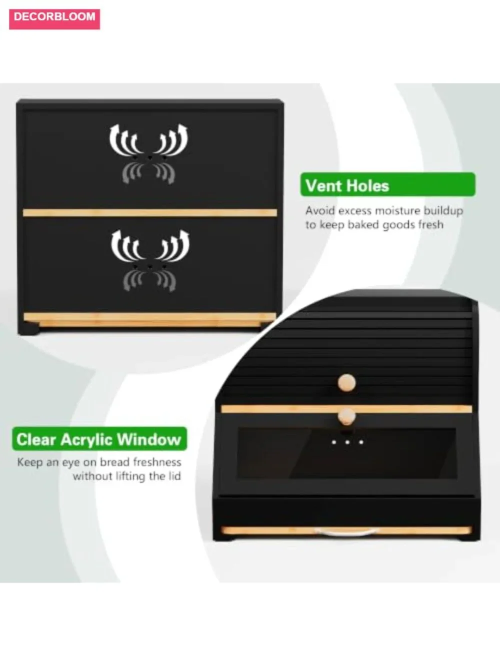 Roll Top Bamboo Bread Box with Removable Cutting Board, 2 Tier, Large Capacity